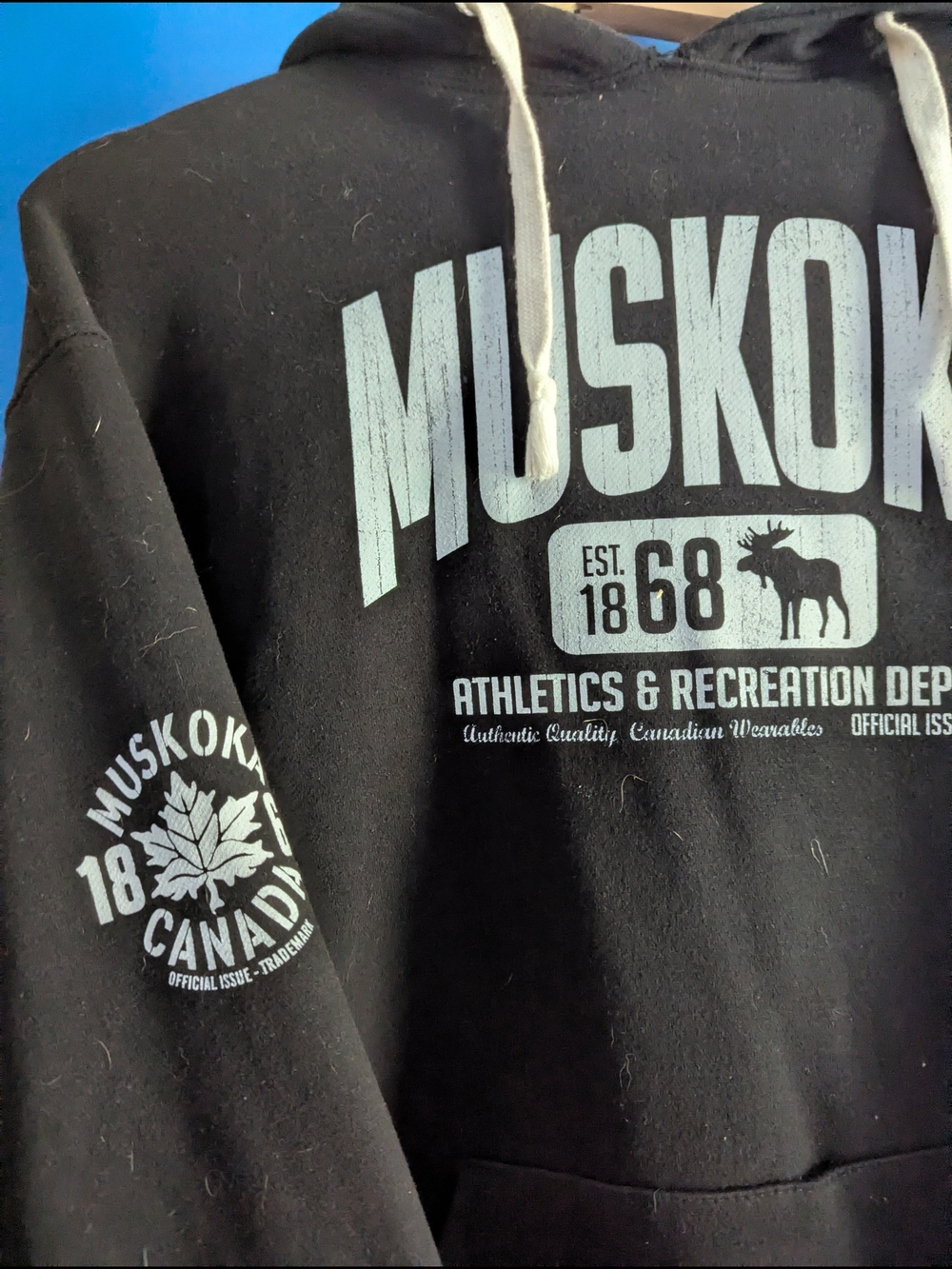 Black Zip-Up Hoodie with Pale Blue Graphic